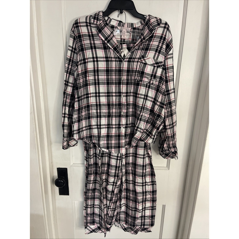 Victoria's Secret Women Flannel Pajama Set Pink Black White Plaid Size M